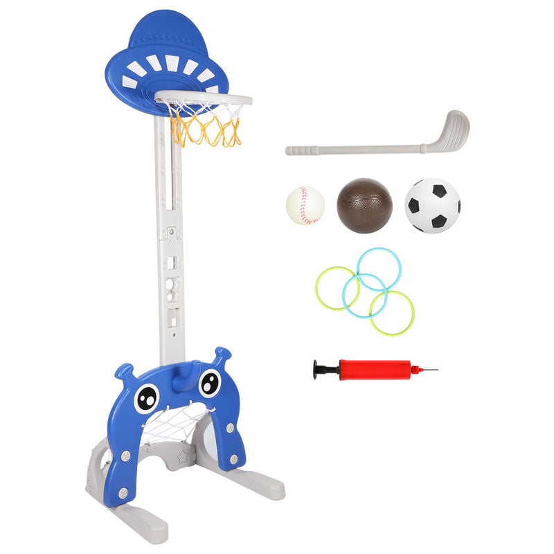 Cestino 4 in 1 per bambini: pallone da basket, calcio, lancio dell'anello e pallina da golf, blu, adatto a bambini dai 3 anni in su. - Jopassy