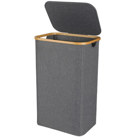 Jopassy Cesto per la biancheria sottile con coperchio, 100L, salvaspazio, fodera in rete rimovibile, tessuto Oxford, manici in bambù, pieghevole,Grigio