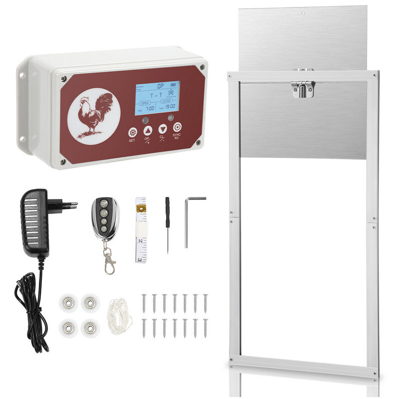 Clapet à poules automatique,avec affichage LCD、capteur de lumière、télécommande et minuterie,à piles et adaptateur,en aluminium,IP44 étanche,30x30cm