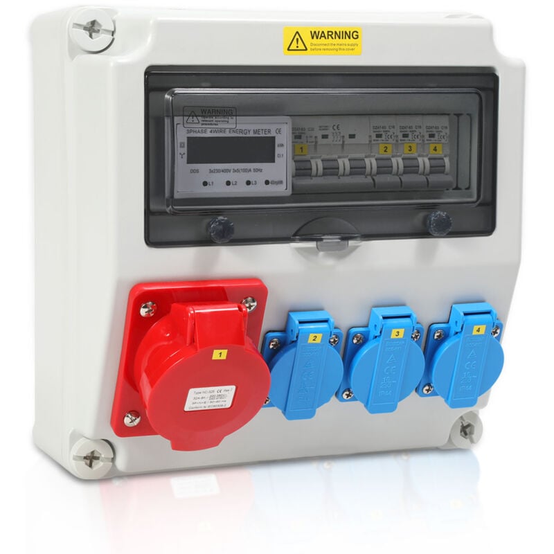 Distributeur de courant mural avec compteur de courant triphasé et mcb, distributeur de courant de chantier avec 3 prises Schuko cee 32A - Jopassy