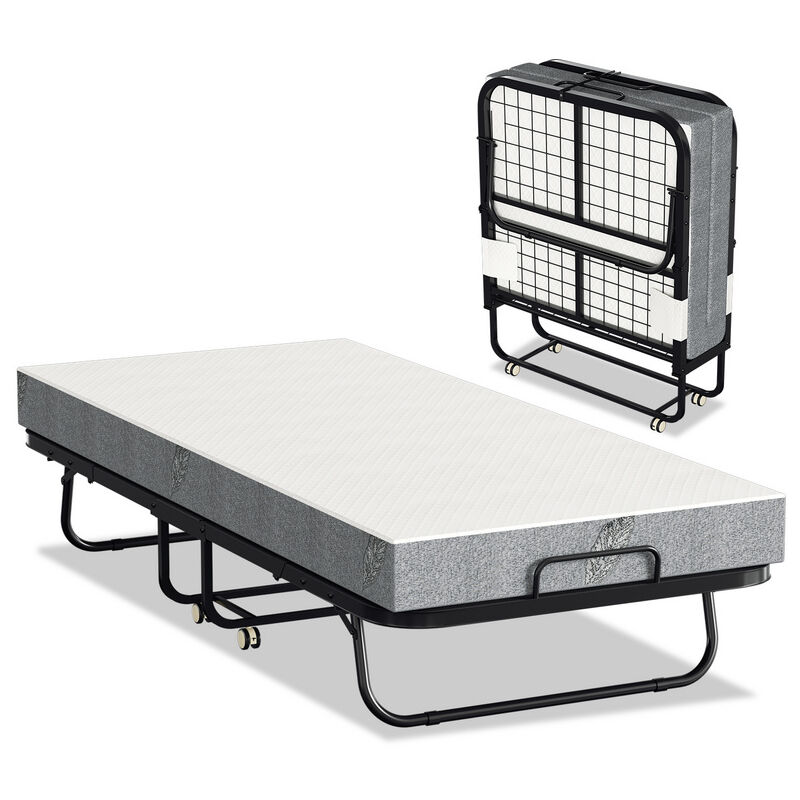 Jopassy - Lit Pliant lit d'appoint 90x200cm invité - Pliant avec 4 Roulettes Universelles + Matelas, Cadre en Acier,Charge 150KG