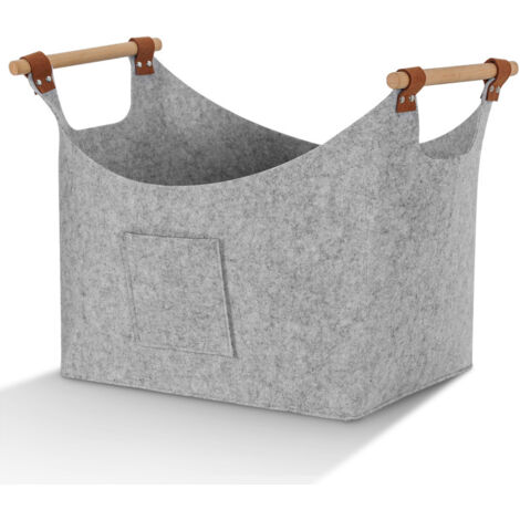 Jopassy Panier en feutre avec poignées en bois, panier à bois pour cheminée, panier à bûches 3 mm, gris clair