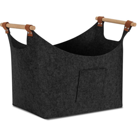 Jopassy Panier en feutre avec poignées en bois, panier à bois pour cheminée, panier à bûches 3 mm, gris foncé