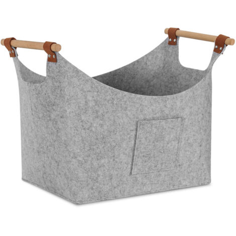 Jopassy Panier en feutre avec poignées en bois, panier à bois pour cheminée, panier à bûches 5 mm, gris clair