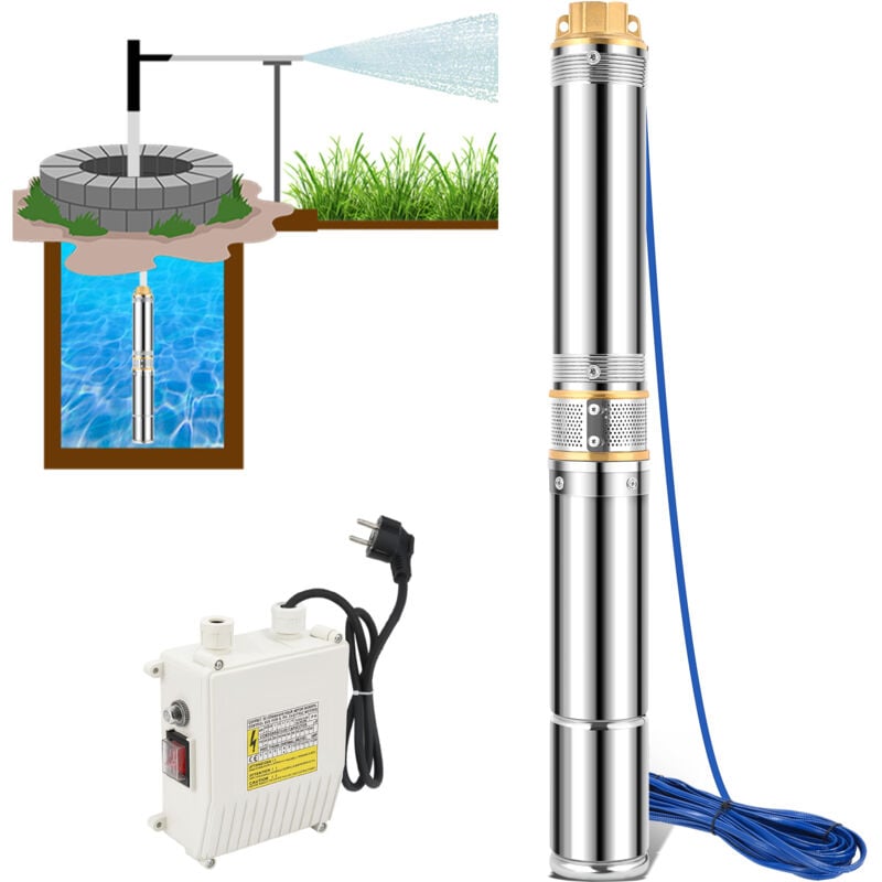 Pompe de puits 750W Pompe submersible à eau de puits 10 turbines et capacité de pompage d'eau propre jusqu'à 4000L/h hauteur maximale de la pompe 67m