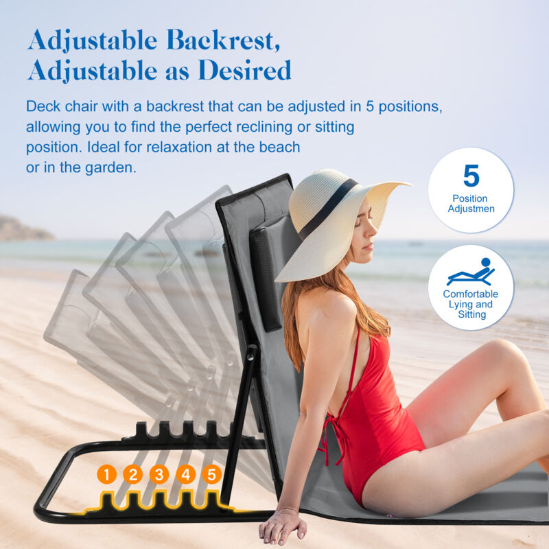 Tapis de plage avec sangle de transport avec appui-tête appui-tête dossier réglable Polyester 600D Gris 1 pièce 158cm x 55cm - Jopassy