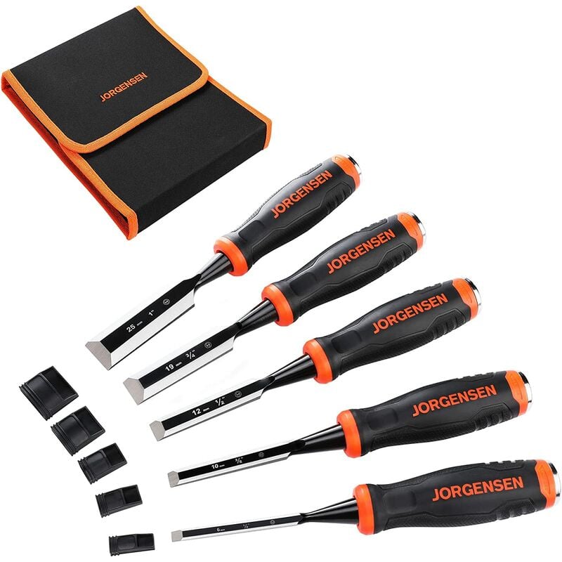 Jorgensen - Ciseaux à Bois en Cr-V Professionnels 5 Pièces, Largeur de 6/10/12/19/25 mm, avec Capuchon en Métal et Lame de Protection et Sac Durable