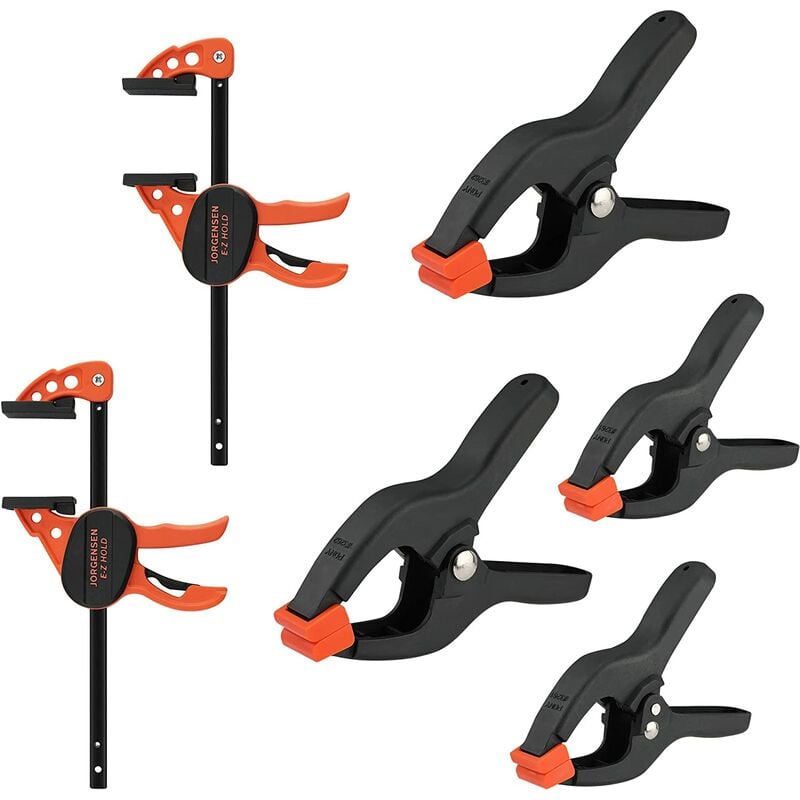 Jorgensen - Jeu de 2 Mini Serre-Joints et 4 Pinces à Ressort avec Ouverture de 25, 50mm, Serre-Joint à une Main de Libération Rapide avec Ouverture