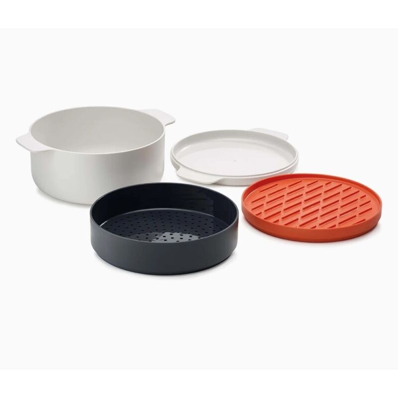 M-Cuisine de set de cuisson micro-ondes empilable de 4 pièces - Joseph Joseph Design empilable avec casserole de 2L, cuiseur vapeur, plaque de