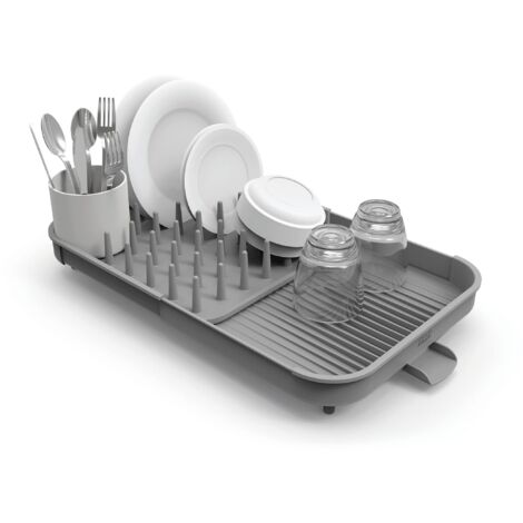 Joseph Joseph Duo Scolapiatti da appoggio estensibile per lavello cucina con portautensili e beccuccio di scarico, Grigio