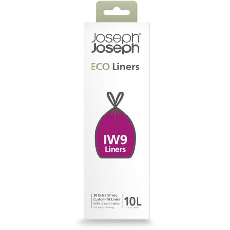 Joseph Joseph Eco IW9 Sacchetti Spazzatura Riciclati, Cucina/Bagno, Manico a Coulisse, Extra Resistenti, Confezione da 20, 10L, Grigio