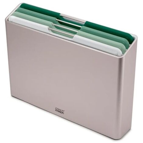 Joseph Joseph Folio - Set di 4 pezzi, Taglieri da cucina in plastica, con custodia porta taglieri- Grande, Argentato/Verde sfumato