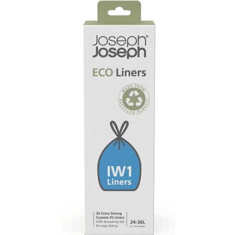 Joseph Joseph IW1 - Sacchetti Imondizia Ecologici in Plastica Riciclata, Sacchetti per Rifiuti da Cucina con Manici a Coulisse, Extra Resistenti - Confezione da 20, 24-36 Litri, Grigio