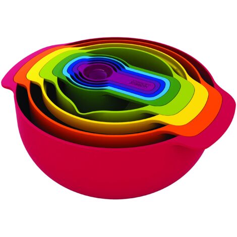 Joseph Joseph Nest 9 Plus, set compatto di 9 pezzi per la preparazione degli alimenti con ciotole per mescolare, misurini, setaccio e colino, rosso