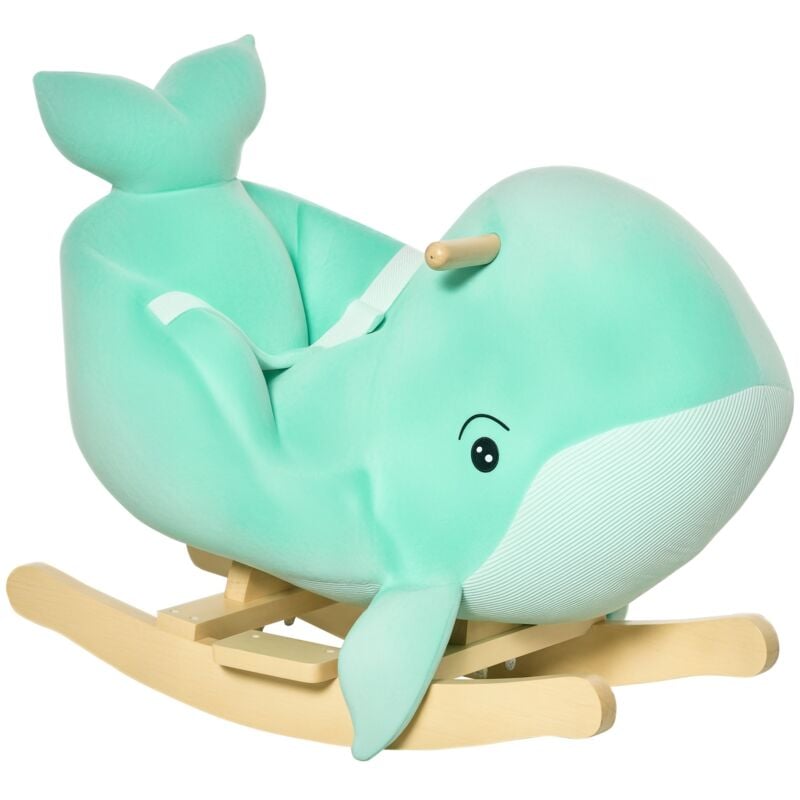 Jouet à bascule baleine - effet sonore chant baleine - fauteuil intégré, ceinture de sécurité - bois peuplier peluche courte polyester turquoise clair