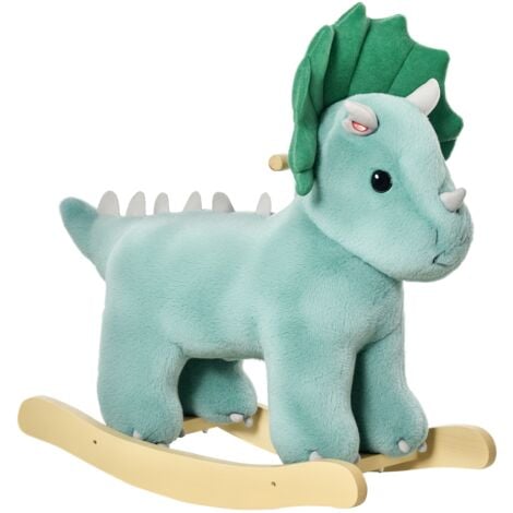 Jouet à bascule dinosaure effet sonore rugissement bois peuplier peluche courte polyester vert d'eau