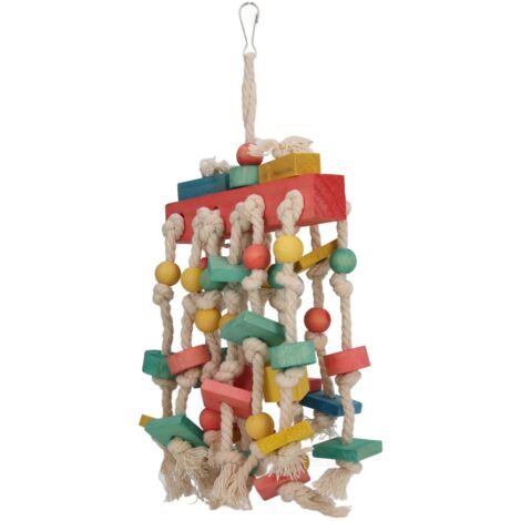 Jouet à mâcher en bois coloré pour perruches avec crochet de suspension