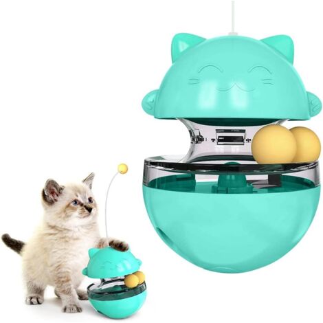 Jouet Chat 4 en 1, Jouet Gobelet pour Chat Tumbler Balle Interactive Chat avec Double Boule avec Distributeur de Nourriture Convient pour Chat l'éducation Formation Jeu 101013.5cm(bleu)