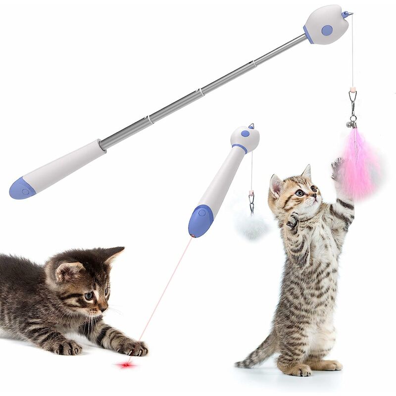 Jouet Chat Plumeau Canne à pêche Chat avec Jouet Pointeur de LED, Jouet Interactif Jeux Chat, télescopique en Aluminium en 4 Parties avec Plumes