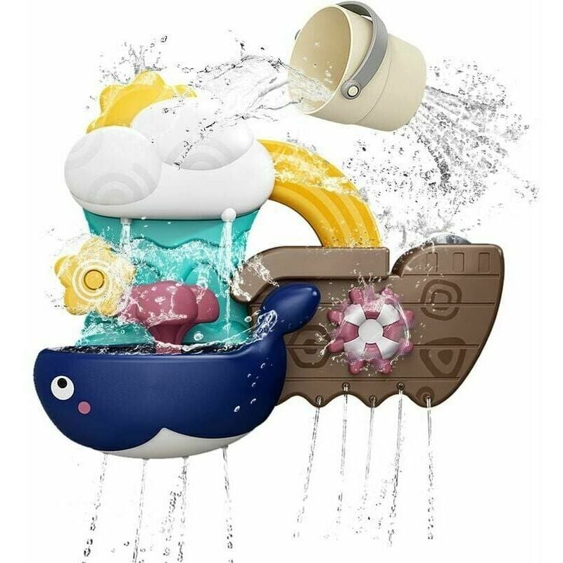 Jouet de bain bébé jouet de bain avec tasse, baleines et jouet de douche d'eau de bateau pour 18 mois + enfants Garçons filles cadeau