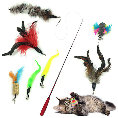Jouet de chat de canne à pêche, jouet de jeu amusant interactif avec baguette télescopique, avec 7 plumes, peut être utilisé pour les chatons et les chats (les plumes sont distribuées au hasard)