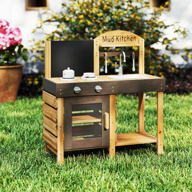 Jouet de Cuisine d'Extérieur pour Enfants avec Tableau Noir Fours Évier Robinet Four Accessoires de Cuisine Étagères pour 3+ Naturel