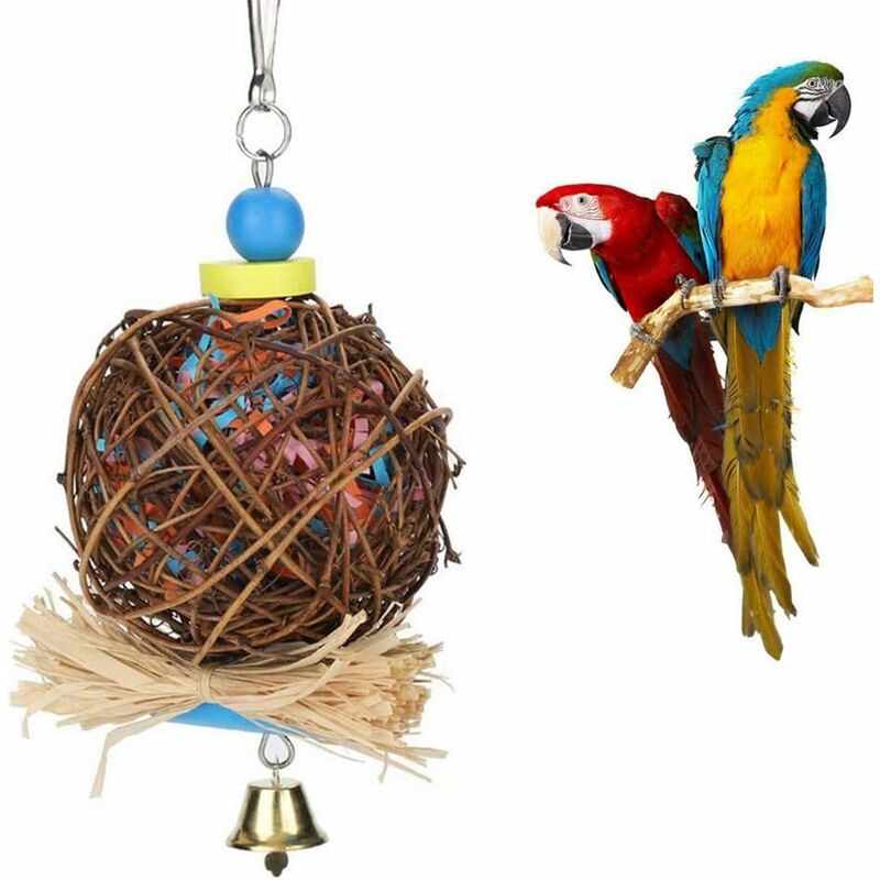 Jouet de Perroquet D'oiseau,Jouet à Mâcher D'oiseau, Boule de Rotin Naturel avec Bandes de Papier et Cloche en Métal,Jouets de Perroquet D'oiseau