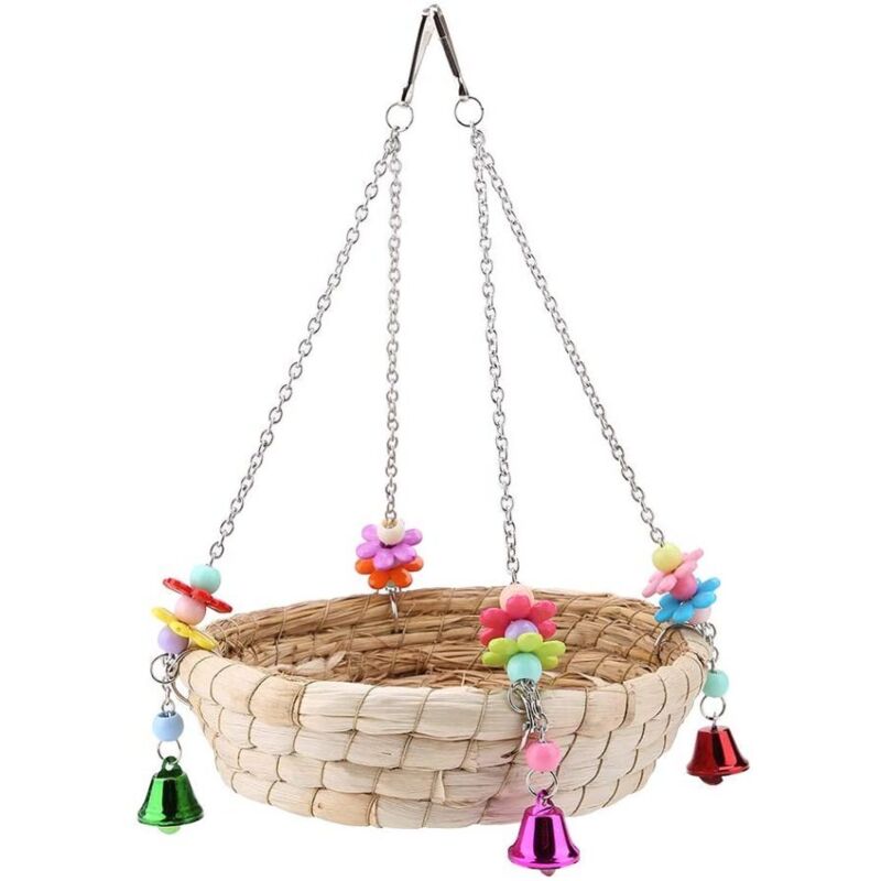 Jouet de Perroquet D'oiseau,Nid D'oiseau de Perroquet, Balançoire de Lit de Nid de Paille Tissée à la Main Naturelle avec 4 Cloches en
