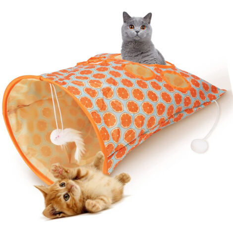 Jouet de Sac Tunnel pour Chat, Sons Froissés, Résistant aux Rayures, Sac en Papier Interactif Portable, Tunnel pour Chat, Motif Mignon avec Boules en Peluche pour Chatons (Orange)