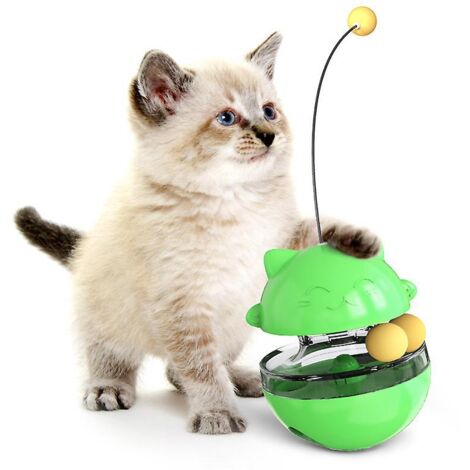 Jouet interactif 4 en 1 pour chat avec double balle et bâton, distributeur de nourriture facile à nettoyer, jeu de chasse en intérieur - Vert
