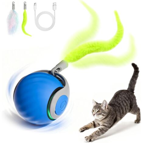 Jouet Interactif pour Chats Électrique et Rechargeable avec Queue Duveteuse – Balle Roulante Automatique Speedy Tail 2.0 pour Enrichissement Félin – Bleu
