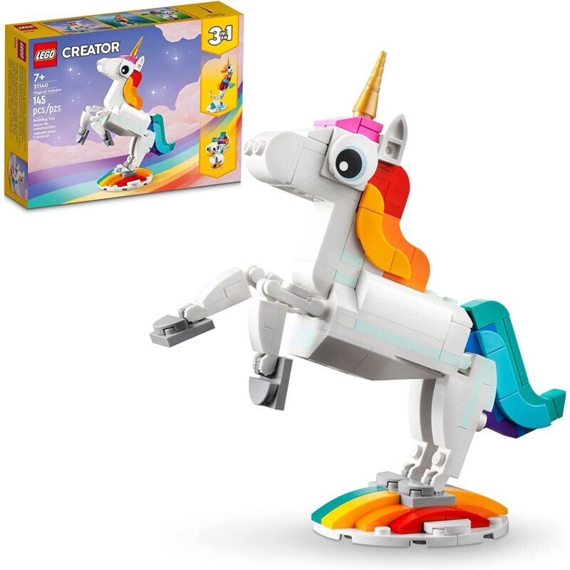 Jouet licorne magique lego Creator 3 en 1, se transforme de licorne en hippocampe en paon, figurines d'animaux arc-en-ciel, cadeau licorne pour