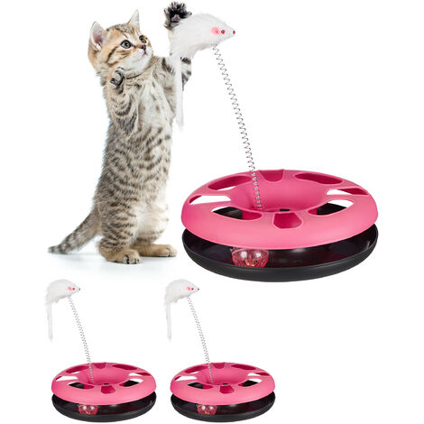 Jouet pour chat avec souris, lot de 3, circuit billes, balle et clochette, jeu chaton, entraînement et occupation, rose