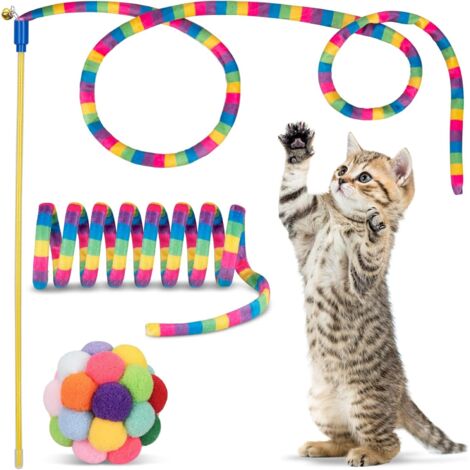 Jouet pour chat, bâtonnet amusant, pompon avec clochette et ressort, jouet interactif d'intérieur, lot de 3