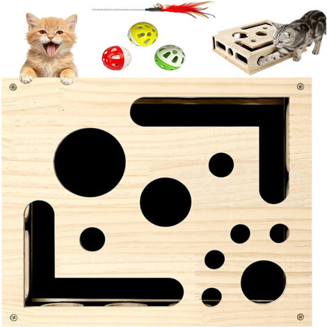 Jouet pour chat, Boîte à énigmes en forme de labyrinthe – Jeu de griffoir intérieur avec balles et baguette à plumes – Idéal pour stimuler l’instinct de chasse