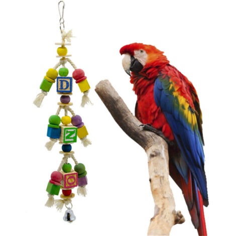 Jouet pour oiseau en bois coloré avec lettres, cubes et clochette, accessoire interactif pour perroquets et oiseaux de compagnie
