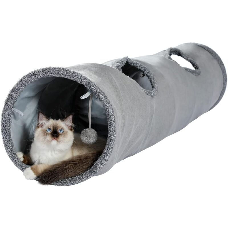 Rnemitery - Jouet Tunnel pour Chat en Daim, Grand Tunnel a Chat Pliable avec 2 Trous et Boule Suspendue pour Chats Chatons Lapins Dia30 130cm