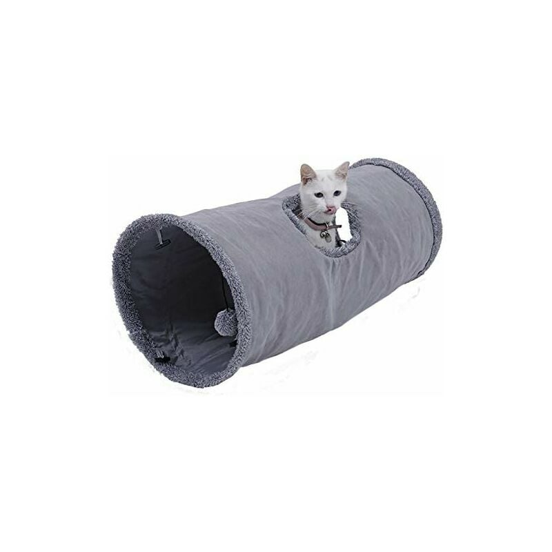 Jouet Tunnel pour Chat en Daim, Grand Tunnel pour Chat Pliable avec 2 Trous et Boule Suspendue pour Chats Chatons Lapins Dia25 x 50cm