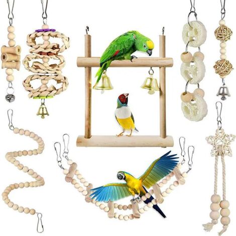 Jouets À Mâcher en Bois Naturel pour Perroquet, Clochette À Suspendre, Échelles Escalade Perché pour Oiseaux Balancoire pour Cage À Oiseaux, Convient pour Les Petites Perruches (8PCS)