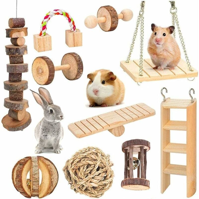 Jouets à Macher pour Hamster Lot de 10 Macher en Bois Naturel Petits Animaux Cochon d'Inde, Chinchilla, Perroquet, Rat, Lapin, pour Jouer et soigner