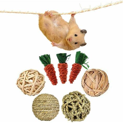 Jouets à Mâcher pour Lapin, 7PCS Jouet pour Lapin Nain, Jouets de Carotte à Mâcher pour Hamster, Boule d'herbe à Mâcher Jouets Molaires, Jouets à Mâcher pour Hamster, Lapin, Gerbille