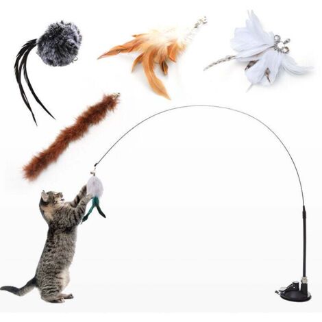 Jouets à Plumes pour Chats avec Cloche et Ventouse,Interactif Chatons Baguette Teaser Canne