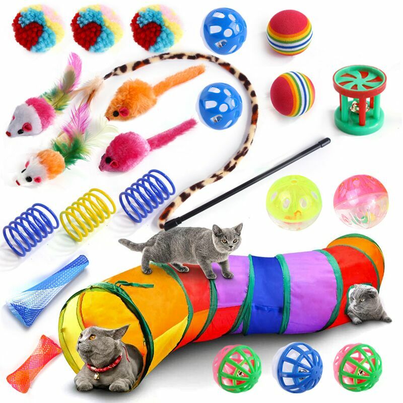 Jouets Chat,24 pièces Jouet pour Chat,Ensemble de Jouets pour Chats avec Tunnel de Chat,Poisson, Souris, Plume, Balle Jeux Chaton,Jouet Interactif