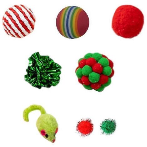 Jouets de Noël pour chats : boules en fourrure avec pompons et pendentifs amusants - lot de 8 pièces.