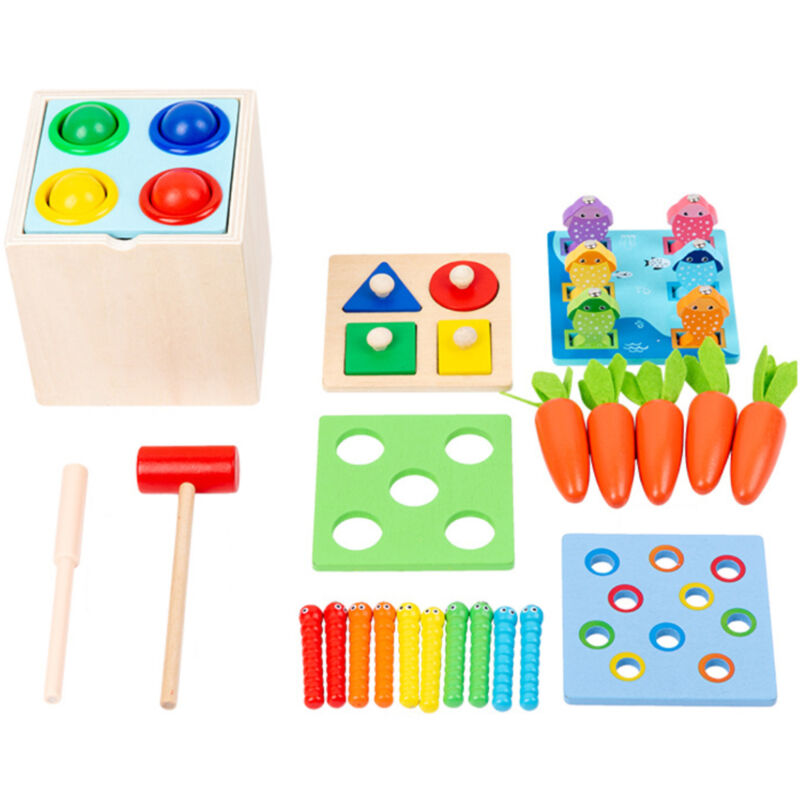 Jouets Montessori pour enfants à partir de 1 an, jeu de tri et d'empilage en bois 5 en 1 pour bébés, jouet de motricité fine, jeu de pêche, jeu de