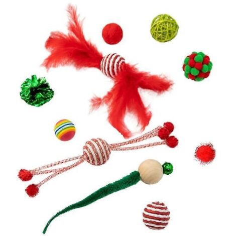 Jouets pour chats, boules de Noël avec pendentifs en fourrure et pompons drôles - 10 pièces, 2 tailles.