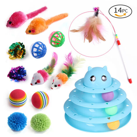 Jouets pour chats, jouets interactifs pour chats, rouleau de piste à trois couches avec trois balles colorées, matériau PP, plus durable, plus fort, bleu ciel