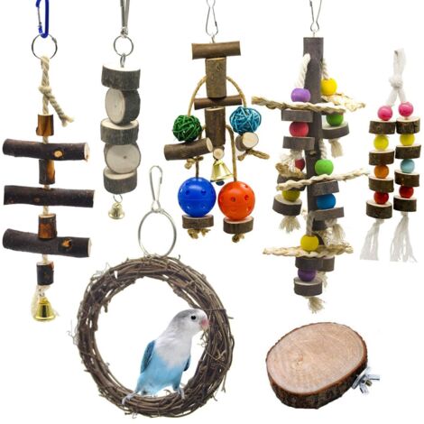 Jouets pour Oiseaux 7 Pièces avec Jouets à mâcher et Moudre pour Cage à Oiseaux - Idéal décoration de Volière et Jouets à Cloches pour Perroquets, Perruches, Petite Aras