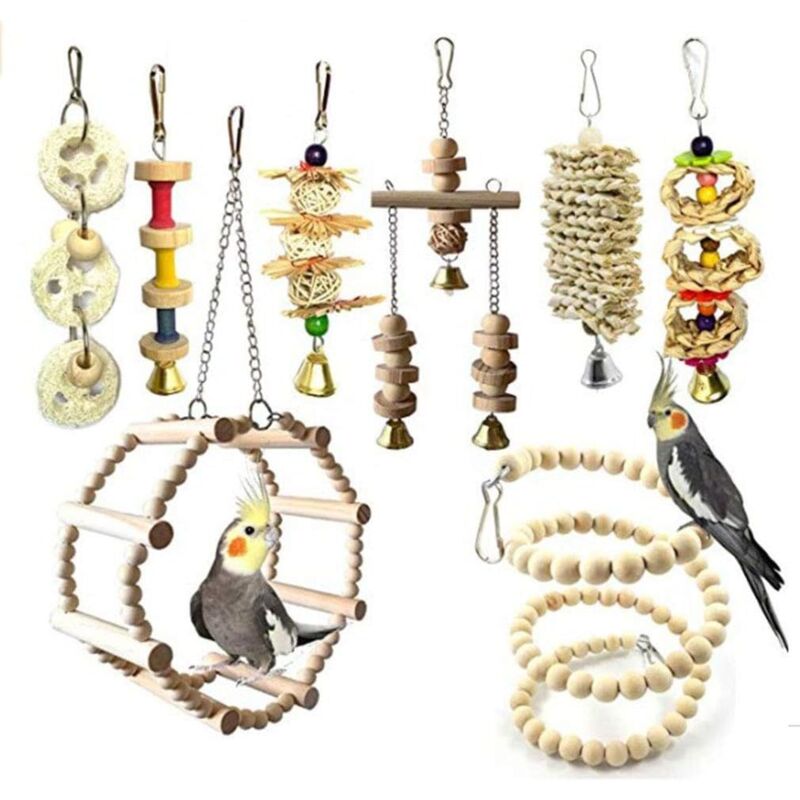 Jouets pour Oiseaux 8 Pièces avec Jouets à mâcher et Balançoires de Perché pour Cage à Oiseaux - Idéal décoration de Volière et Jouets à Cloches pour