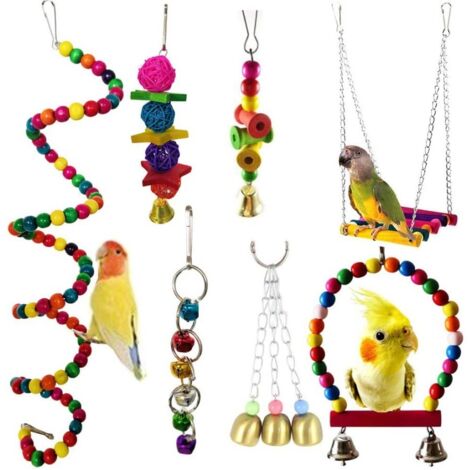 Jouets pour Oiseaux, Camiter 7 Pièces Jouets à mâcher, Jouets à Suspendre avec Clochette, Balançoires, Échelles, Décoration Animal Cages pour Oiseaux
